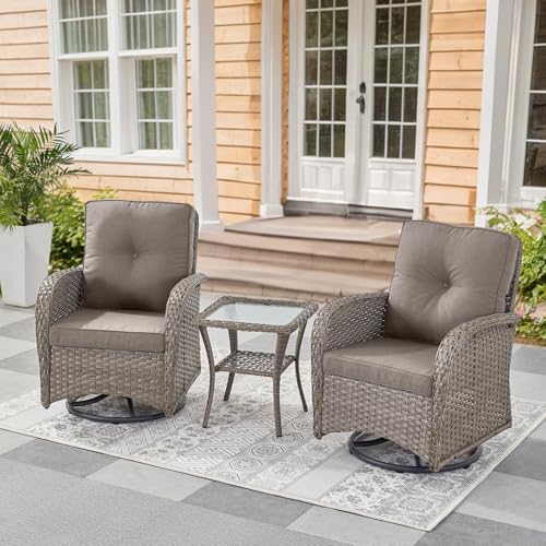 Patio Wicker Chairs Swivel Rocker – Outdoor Swivel Rocking Chairs Set of 2 with Rattan Side Table, Patio Swivel Glider Chair 3 Piece Patio Furniture Sets for Deck Porch Pool Brown/Blue - Image 4