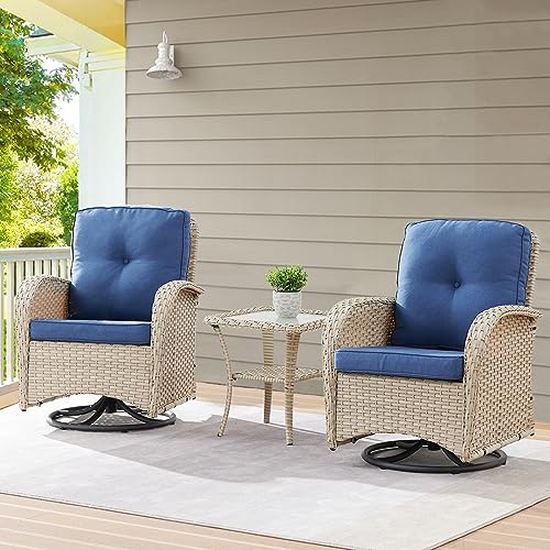 Patio Wicker Chairs Swivel Rocker – Outdoor Swivel Rocking Chairs Set of 2 with Rattan Side Table, Patio Swivel Glider Chair 3 Piece Patio Furniture Sets for Deck Porch Pool Brown/Blue - Image 33