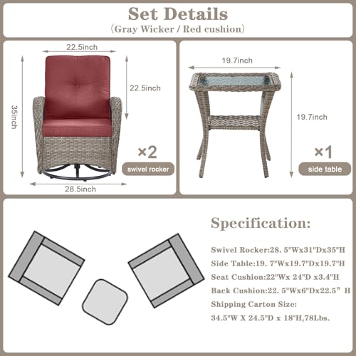 Patio Wicker Chairs Swivel Rocker – Outdoor Swivel Rocking Chairs Set of 2 with Rattan Side Table, Patio Swivel Glider Chair 3 Piece Patio Furniture Sets for Deck Porch Pool Brown/Blue - Image 217
