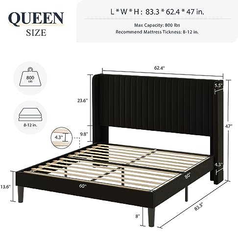 Allewie Queen Size Velvet Bed Frame/Vertical Channel Tufted Wingback Headboard/Upholstered Platform Bed/Strong Wooden Slats/No Box Spring Needed/Easy Assembly/Black - Image 90