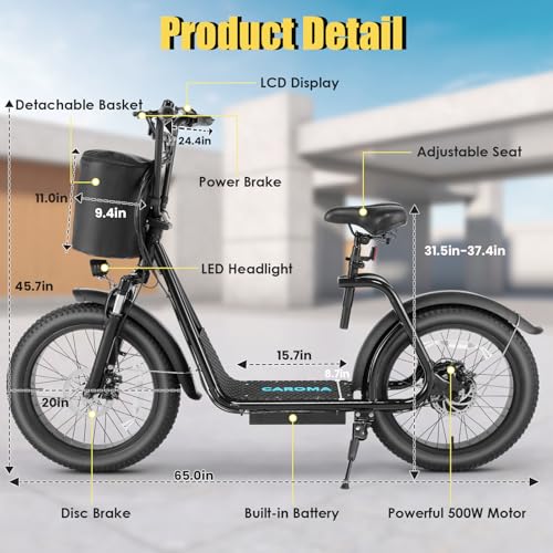 Caroma Peak 800w Electric Scooter Adults 20X3 Fat Tire, 20 MPH Top Speed & 30 Miles Range, Off-Road E Scooter w/Adjustable Seat & Detachable Basket, Foldable Ebike w/Shock Absorption for Commuting - Image 12